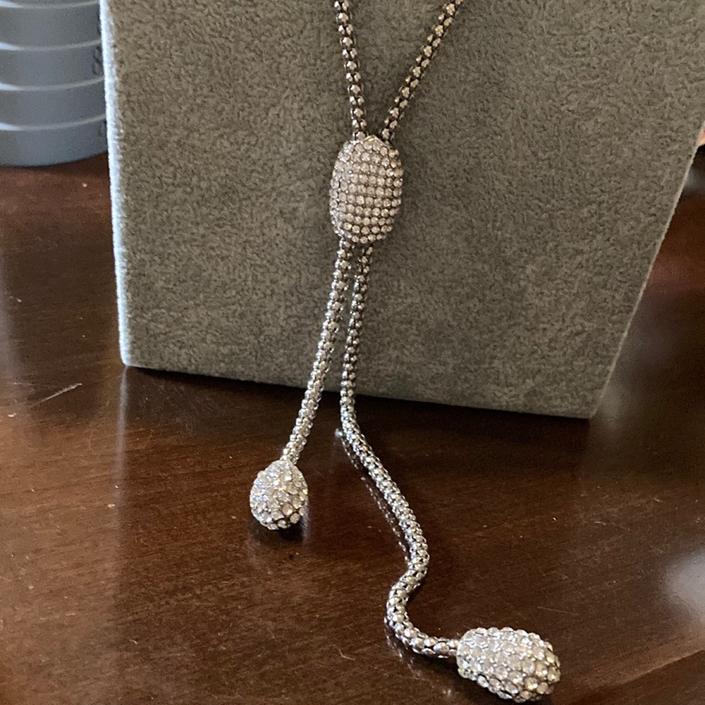 Chico’s Sparkling Silver Lariat Necklace with Pavé Bead Ends